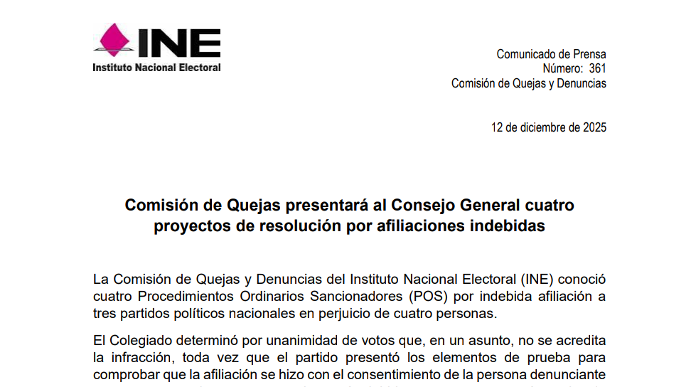 Comisión de Quejas presentará al Consejo General cuatro proyectos de resolución por afiliaciones indebidas