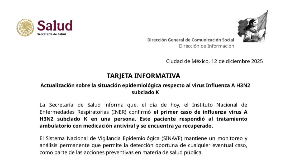 Confirman primer caso de influenza A H3N2 subclado K en México