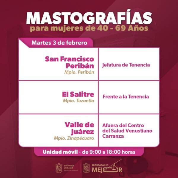 Salud de Michoacán realizará mastografías gratuitas en cuatro municipios la próxima semana