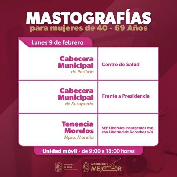 Secretaría de Salud de Michoacán realizará jornadas de mastografía en seis municipios