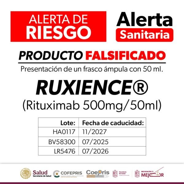 Cofepris emite alerta por falsificación de medicamento Ruxience